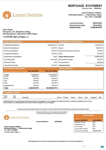 Download Nepal Laxmi Sunrise Bank mortgage statement Word and PDF template Photoshop template